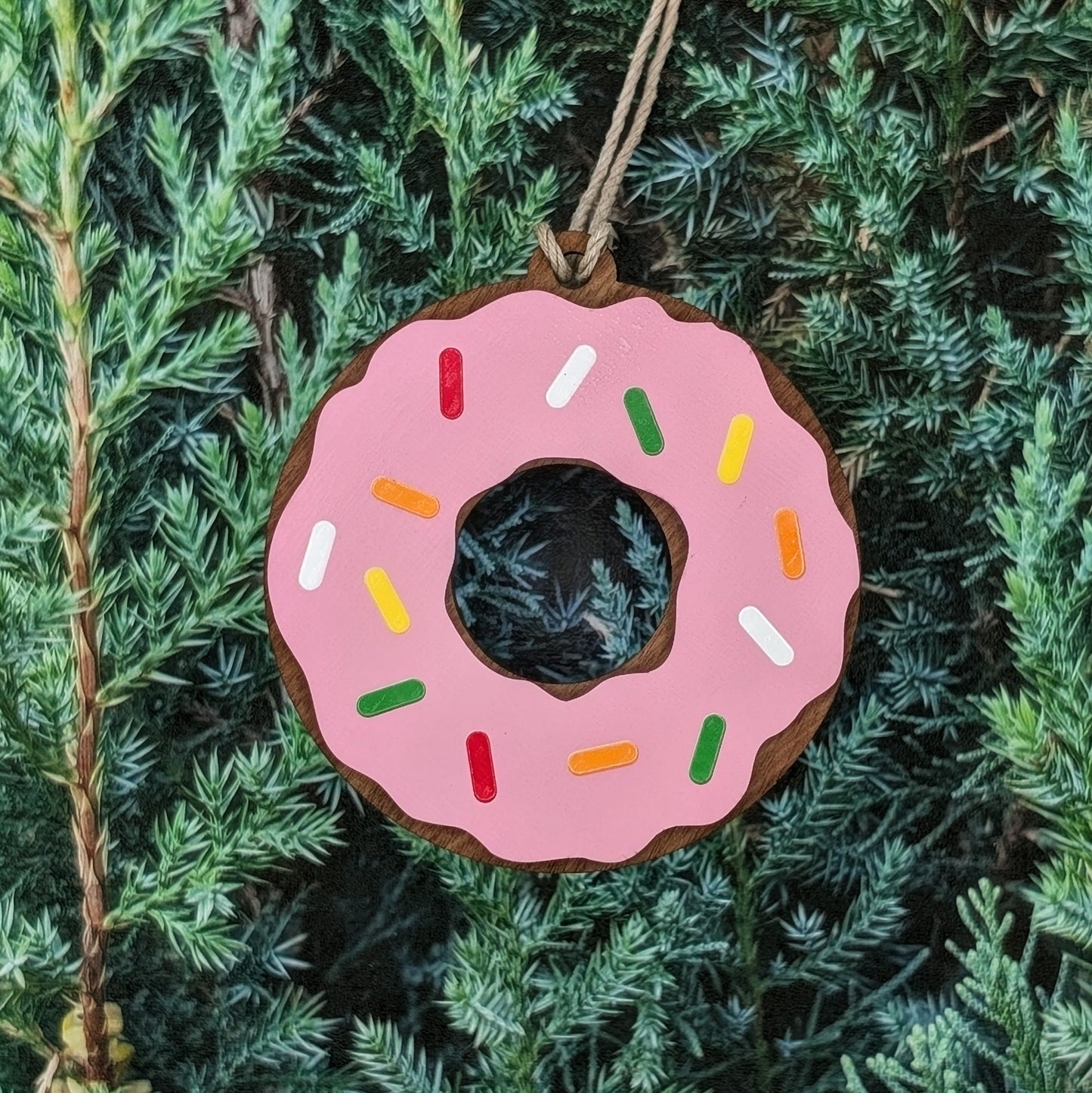 Donut Christmas Ornament, Chocolate Pink and White Donuts
