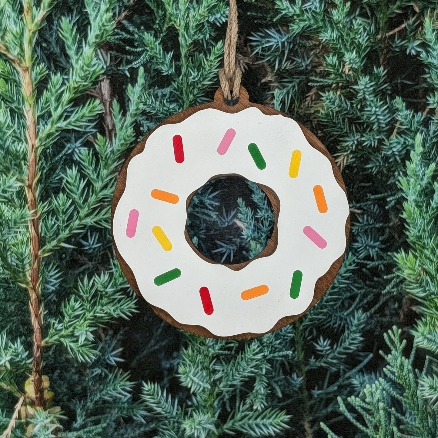 Donut Christmas Ornament, Chocolate Pink and White Donuts