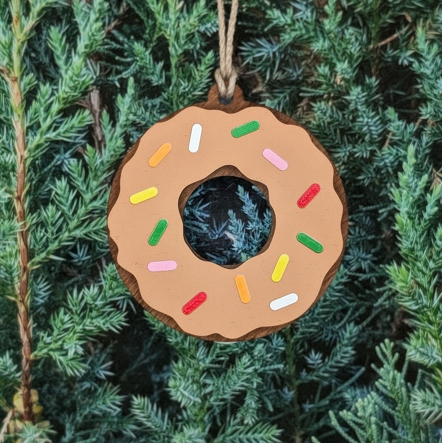 Donut Christmas Ornament, Chocolate Pink and White Donuts