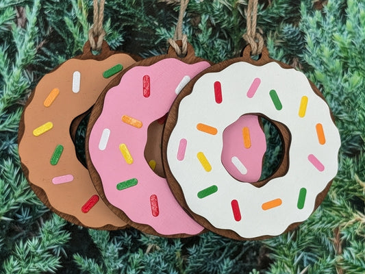 Donut Christmas Ornament, Chocolate Pink and White Donuts