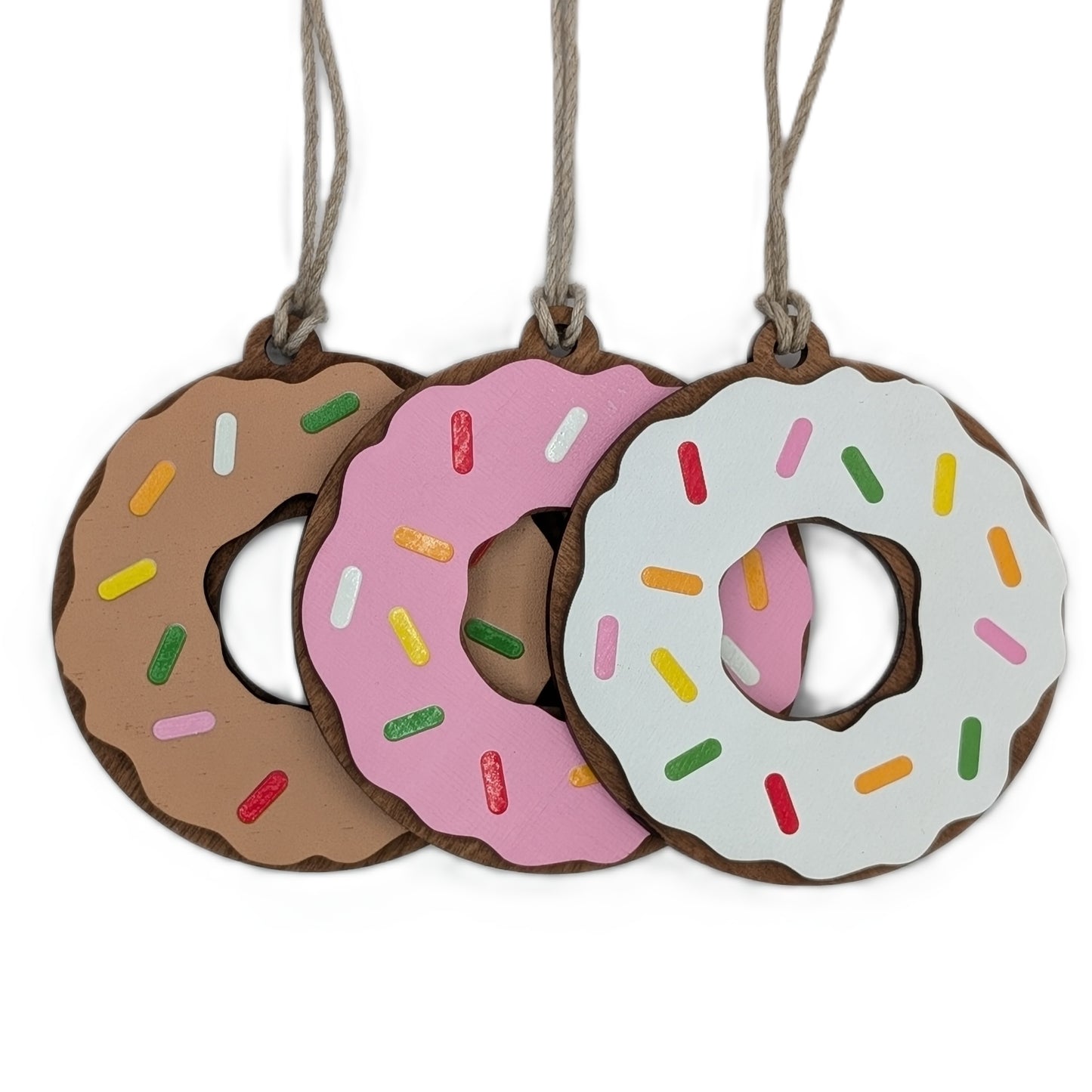 Donut Christmas Ornament, Chocolate Pink and White Donuts