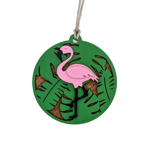 Flamingo Christmas Ornament, Tropical flamingo on green Monsanto leaves