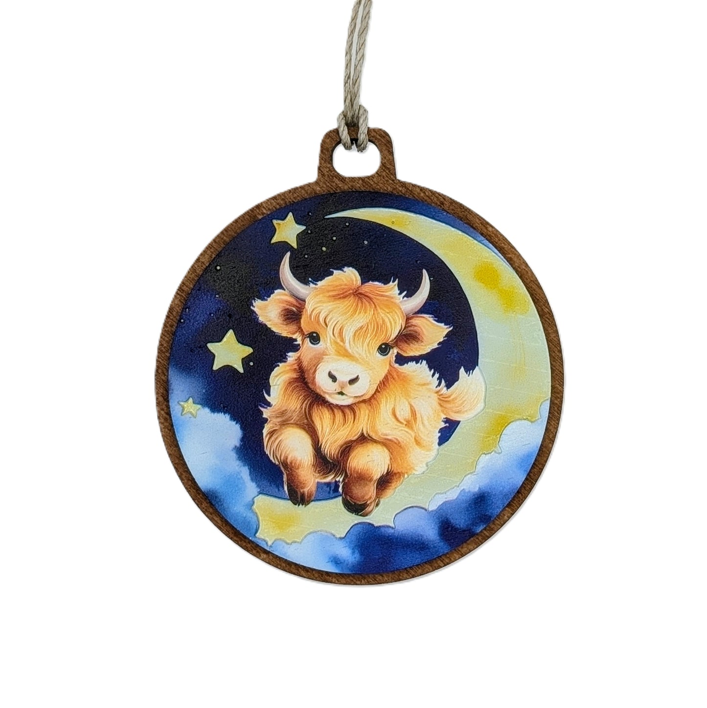 Highland Cow Jumping over the Moon Christmas Ornament