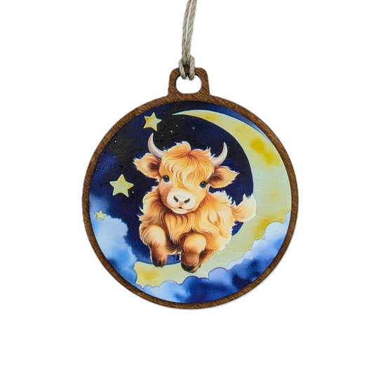 Highland Cow Jumping over the Moon Christmas Ornament