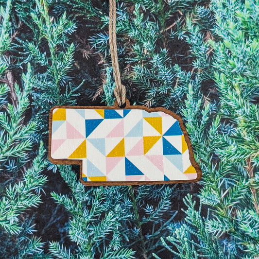 Nebraska Barn Quilt Pattern Wooden Christmas Ornament