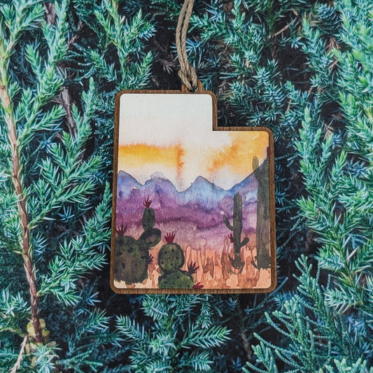 Utah Cactus Landscape Wooden Christmas Ornament