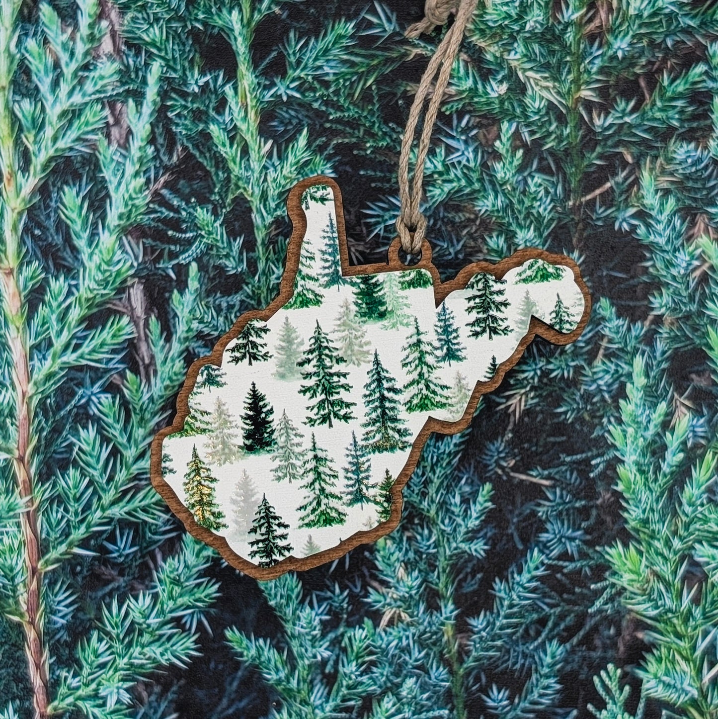 West Virginia Evergreen Forest Wooden Christmas Ornament