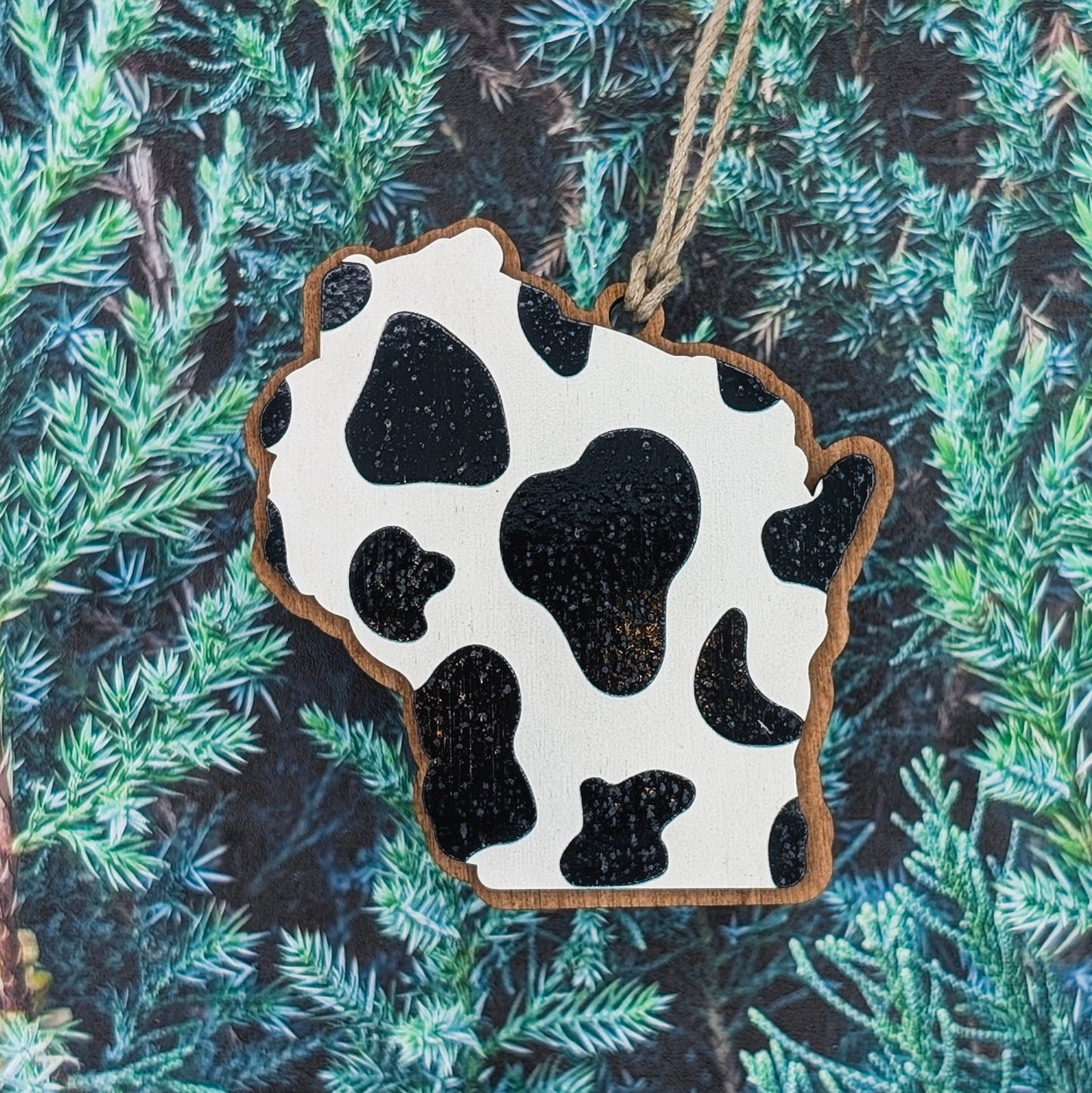 Wisconsin Cow Print Wooden Christmas Ornament