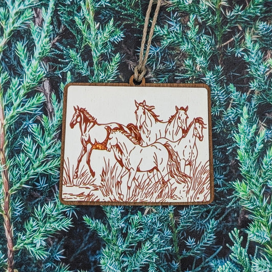 Wyoming Running Horses Wooden Christmas Ornament