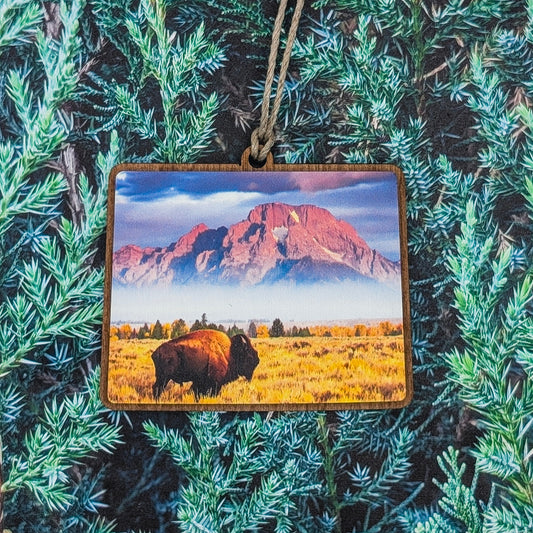 Wyoming Bison Landscape Wooden Christmas Ornament
