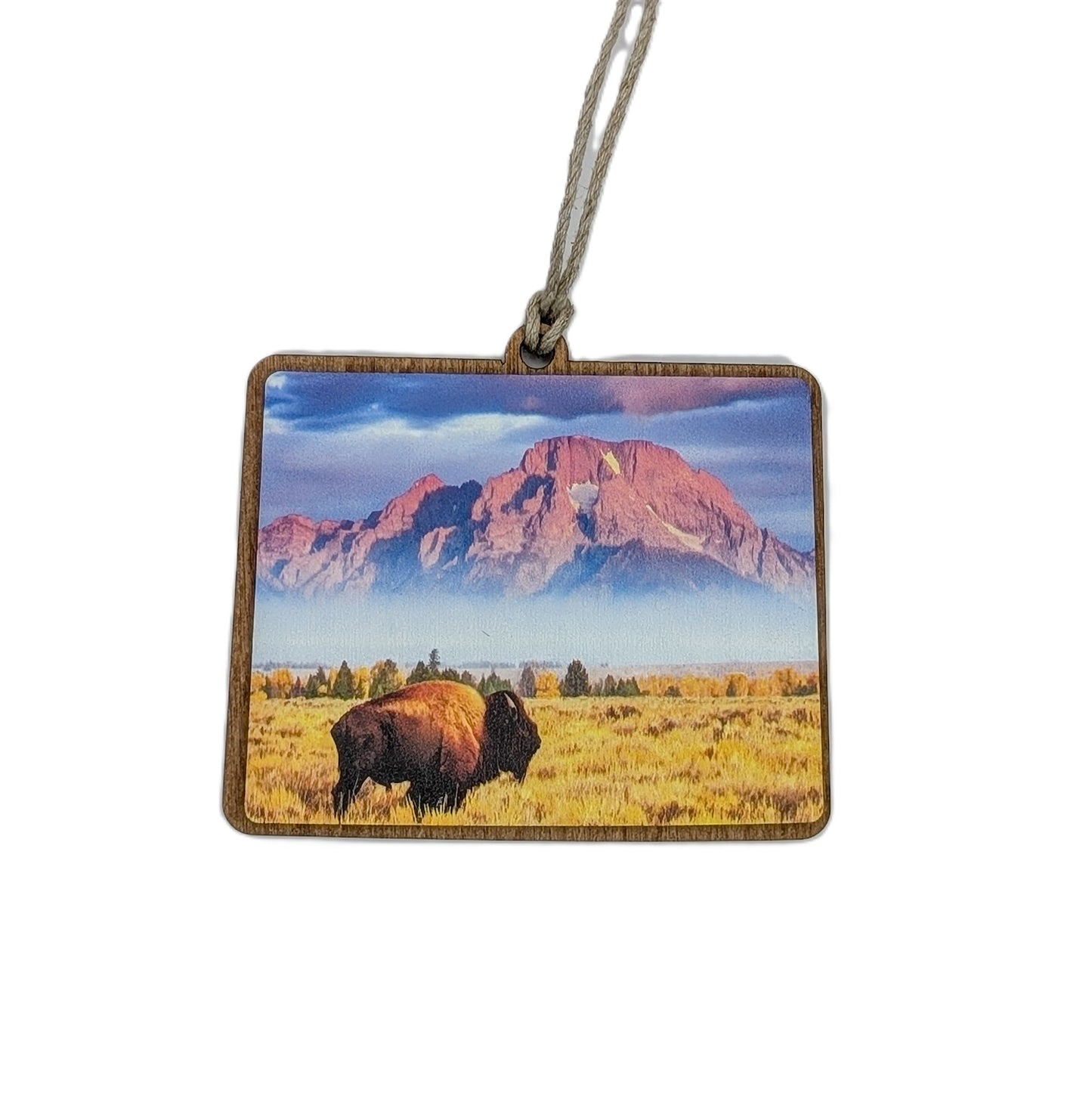 Wyoming Bison Landscape Wooden Christmas Ornament