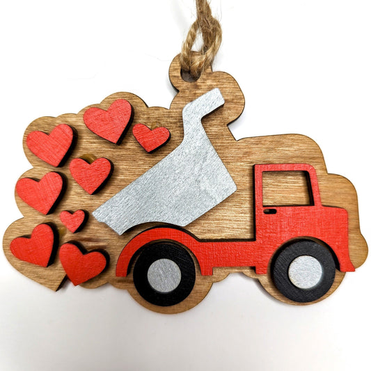 Dump Truck Christmas Ornament,  Loads of Love, Dump truck with hearts