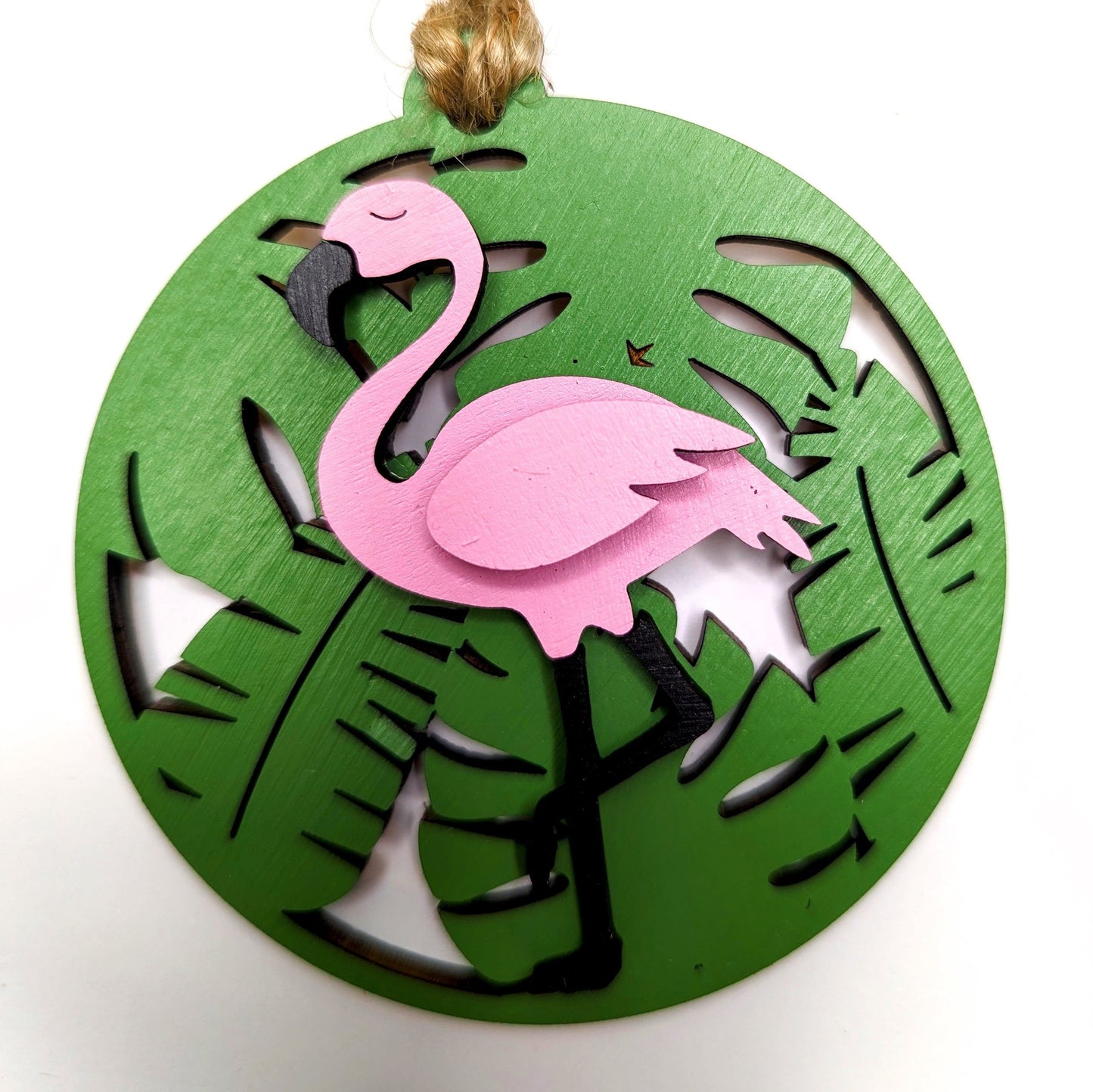 Flamingo Christmas Ornament, Tropical flamingo on green Monsanto leaves