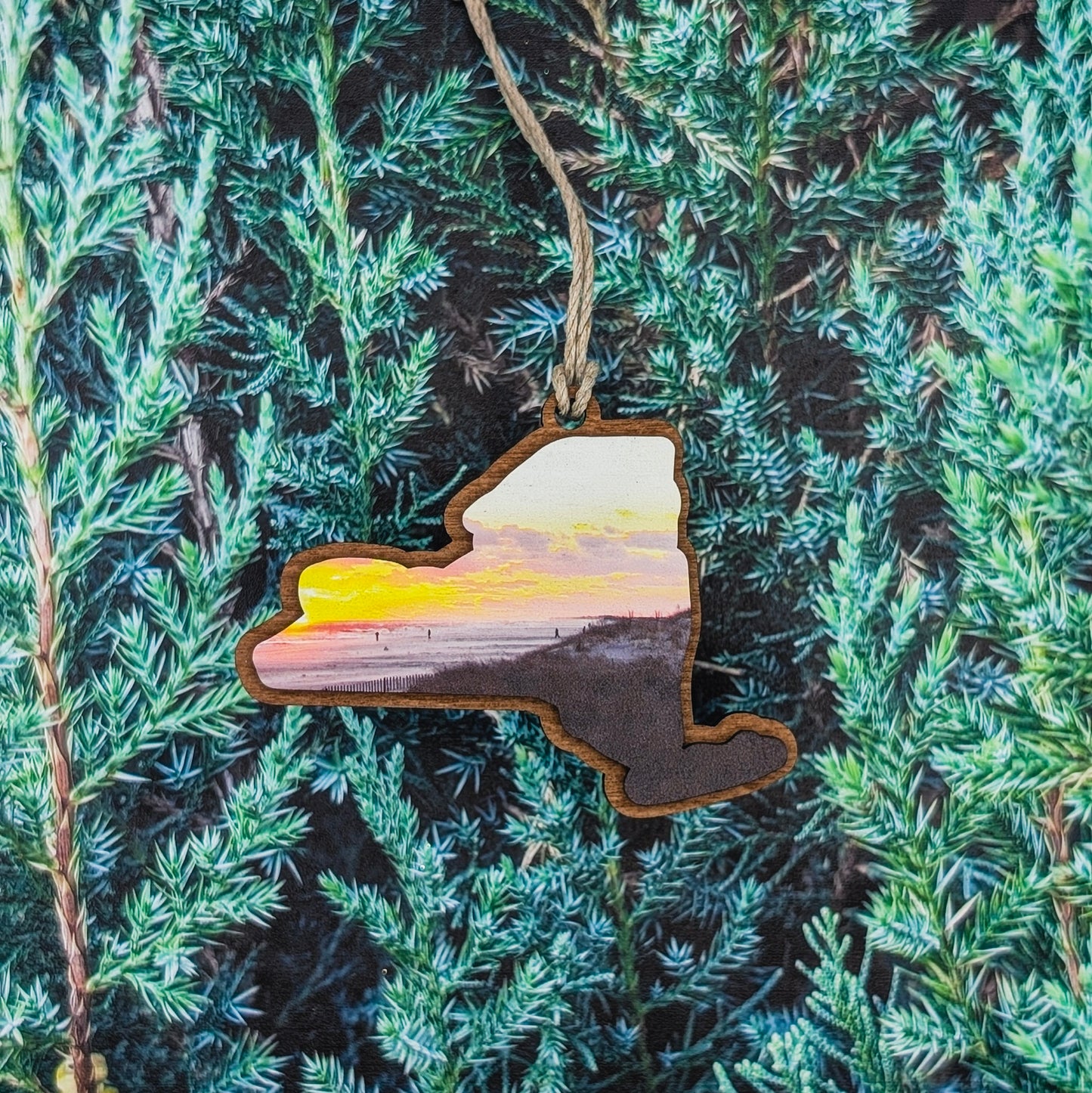 New York Beach Sunset Wooden Christmas Ornament