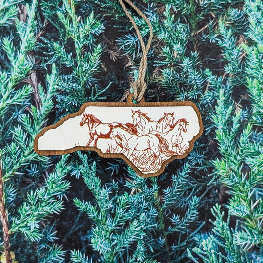 North Carolina Wild Horses Wooden Christmas Ornament
