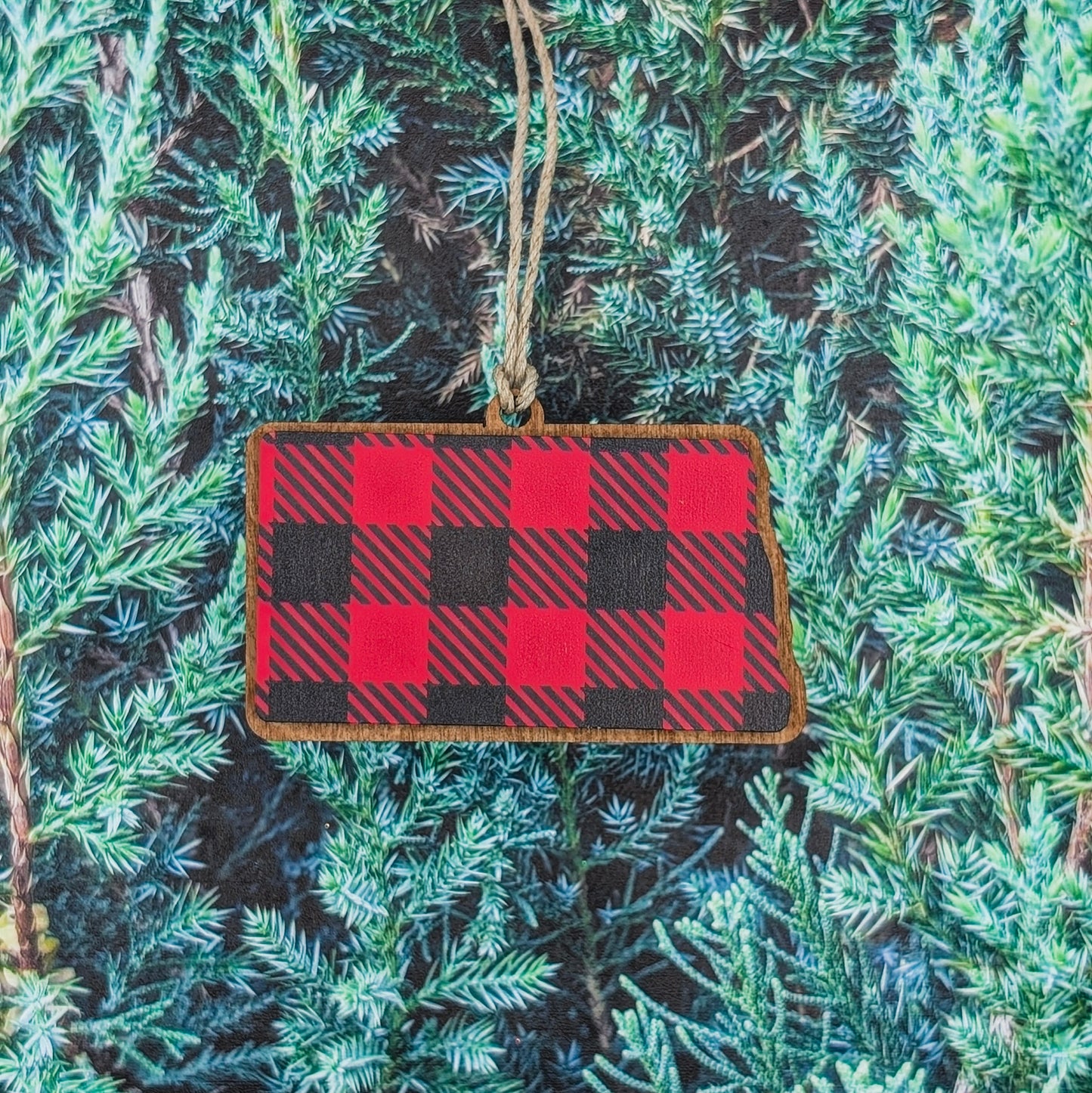 North Dakota Buffalo Plaid Wooden Christmas Ornament