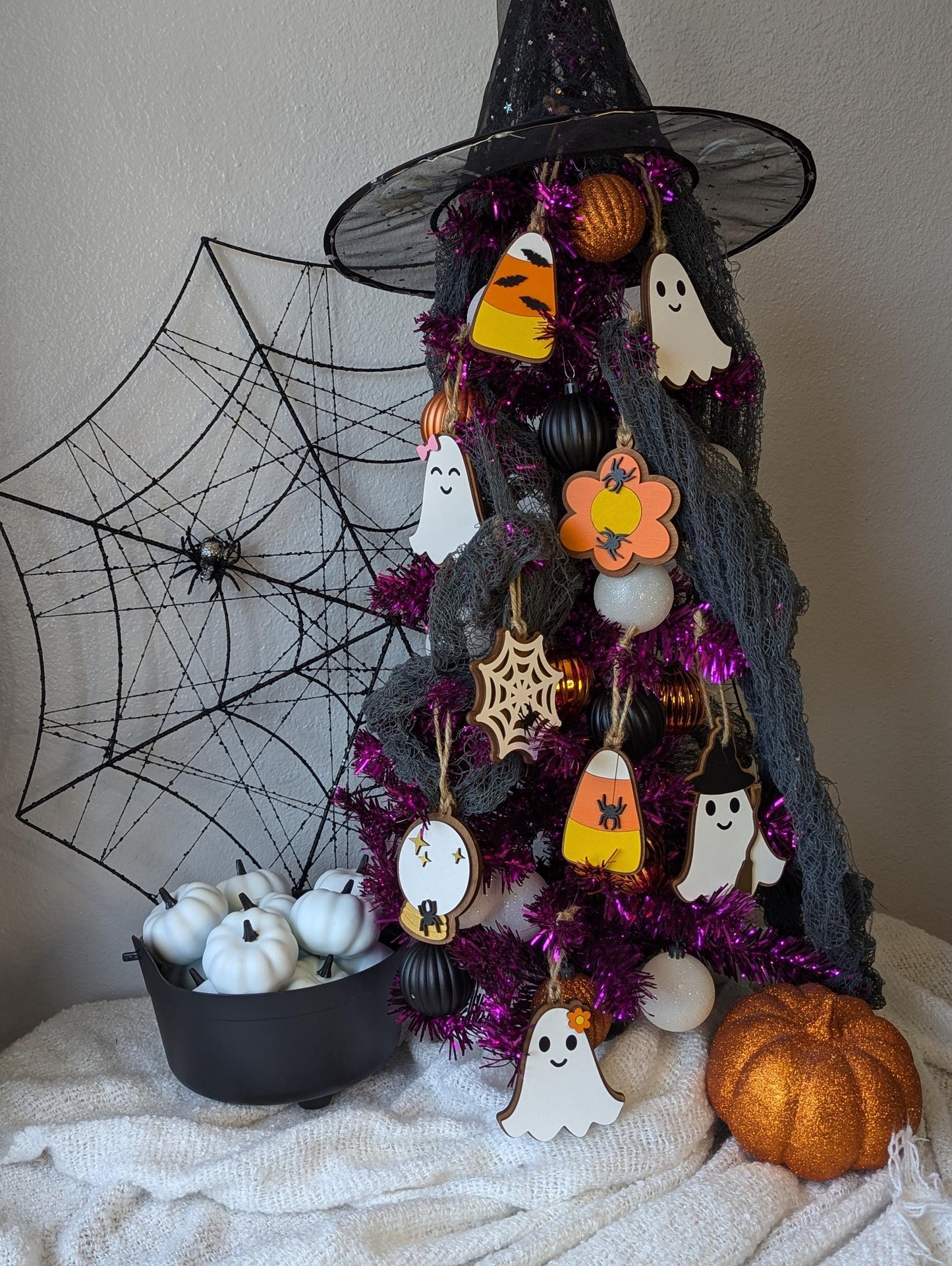 Halloween Ghost with Orange Flower Ornament, Wooden Cute Spooky Ghost Ornament