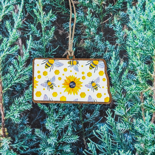North Dakota Bees & Sunflowers Wooden Christmas Ornament