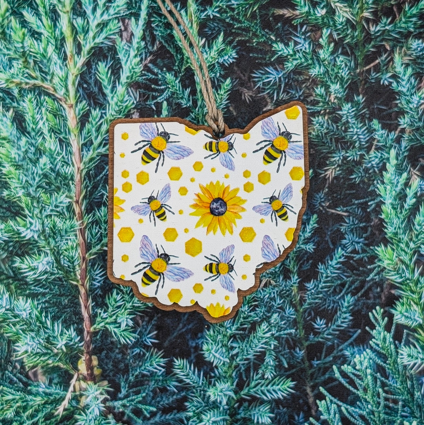 Ohio Bees & Sunflowers Wooden Christmas Ornament