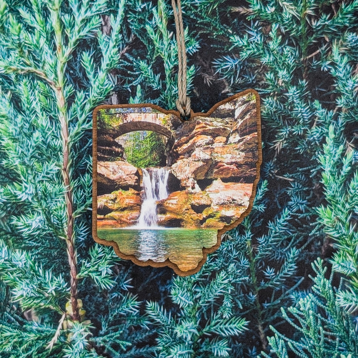 Ohio Waterfall Landscape Wooden Christmas Ornament