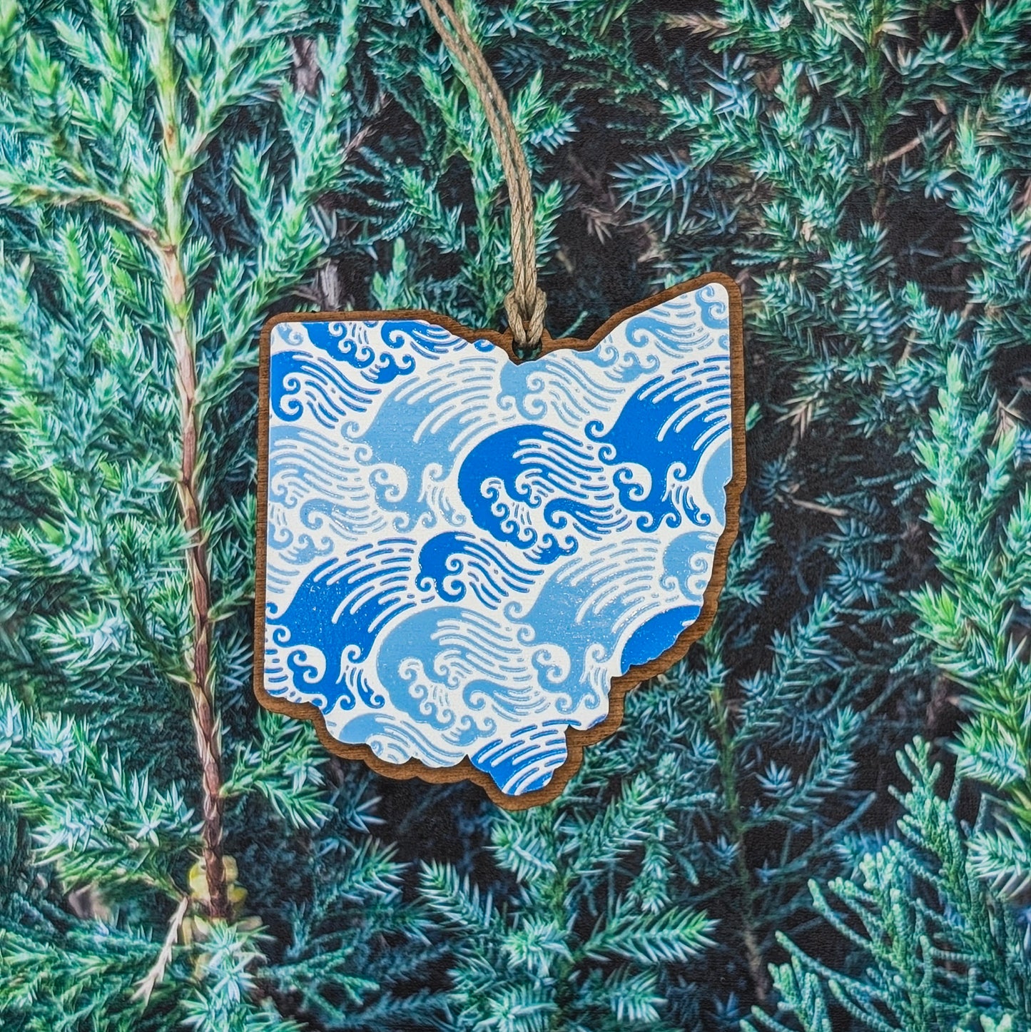 Ohio Blue Wave Pattern Wooden Christmas Ornament