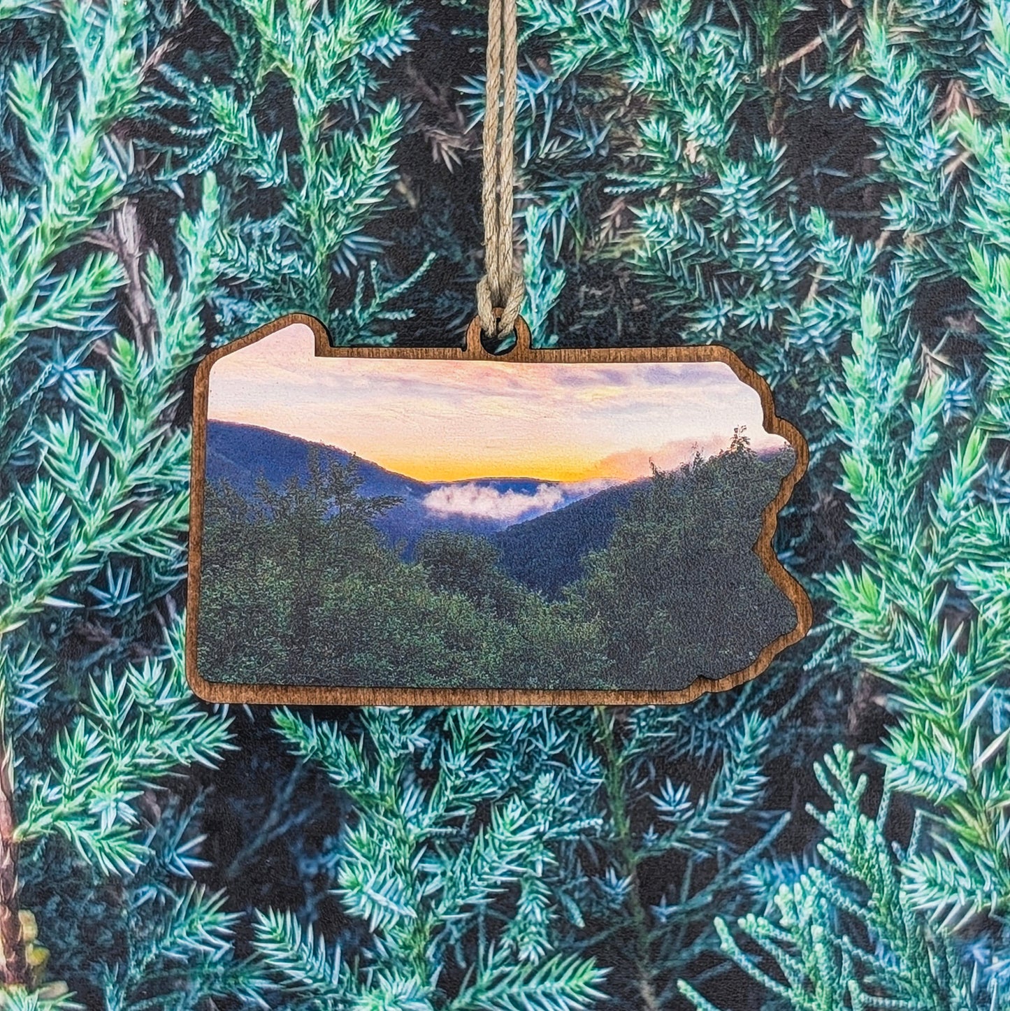 Pennsylvania Mountain Sunrise Wooden Christmas Ornament