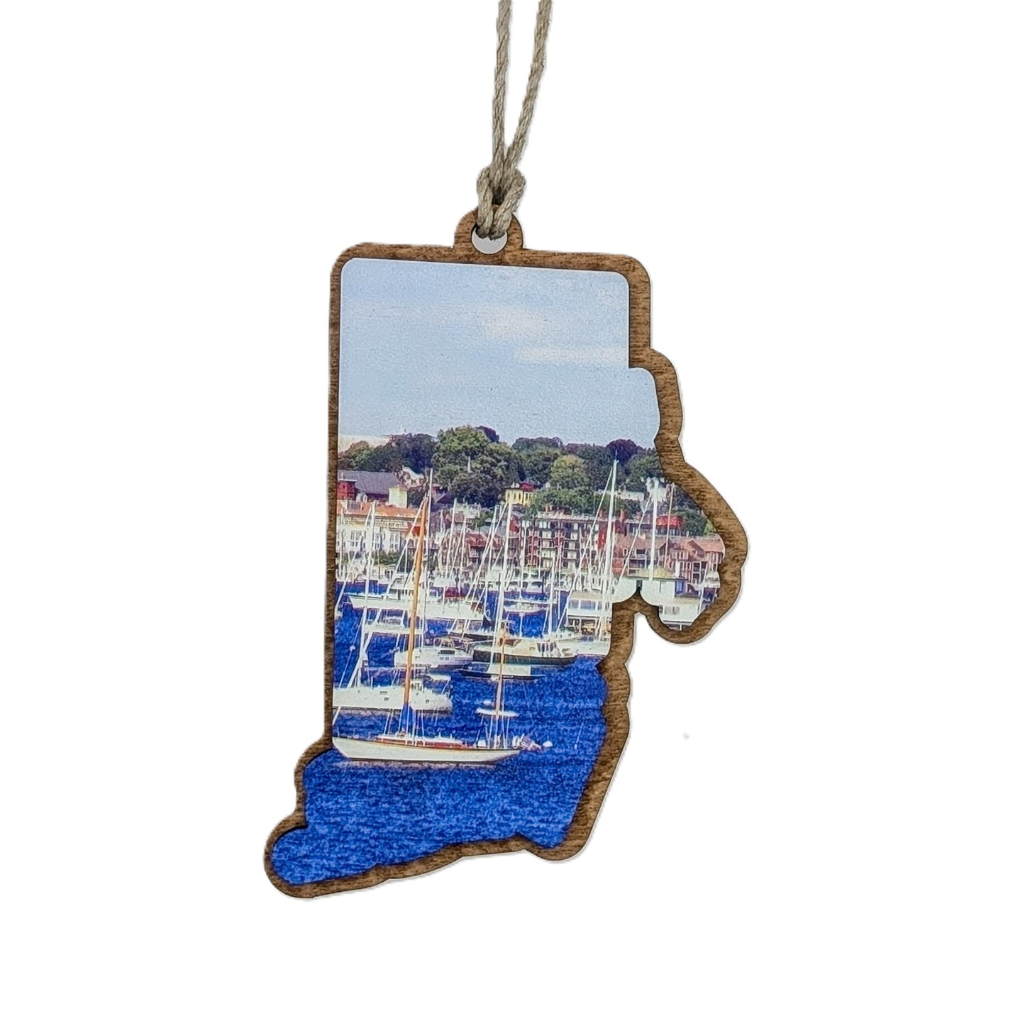 Rhode Island Harbor & Sailboat Wooden Christmas Ornament