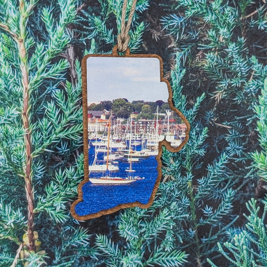 Rhode Island Harbor & Sailboat Wooden Christmas Ornament