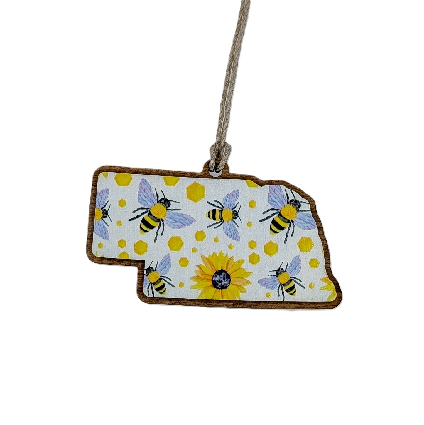 Nebraska Bees & Sunflowers Wooden Christmas Ornament