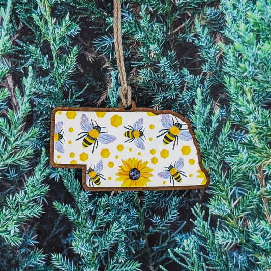 Nebraska Bees & Sunflowers Wooden Christmas Ornament