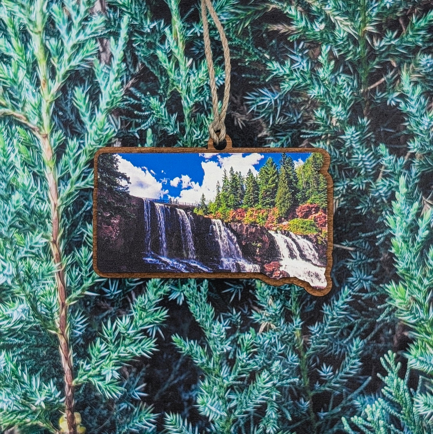 South Dakota Waterfall & Forest Wooden Christmas Ornament