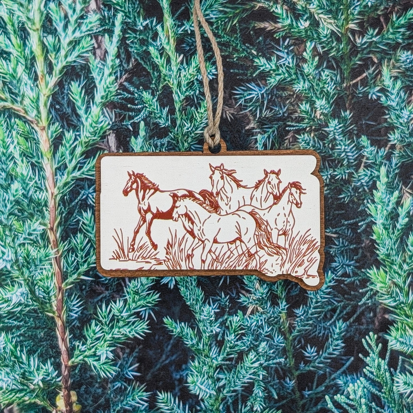 South Dakota Running Horses Wooden Christmas Ornament