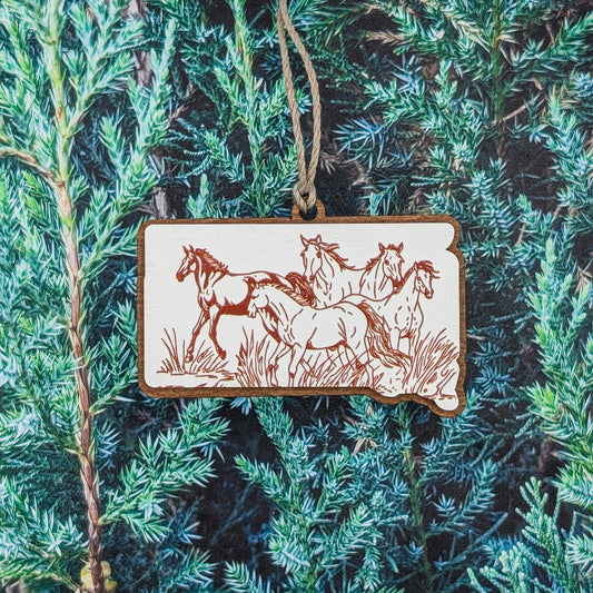 South Dakota Running Horses Wooden Christmas Ornament