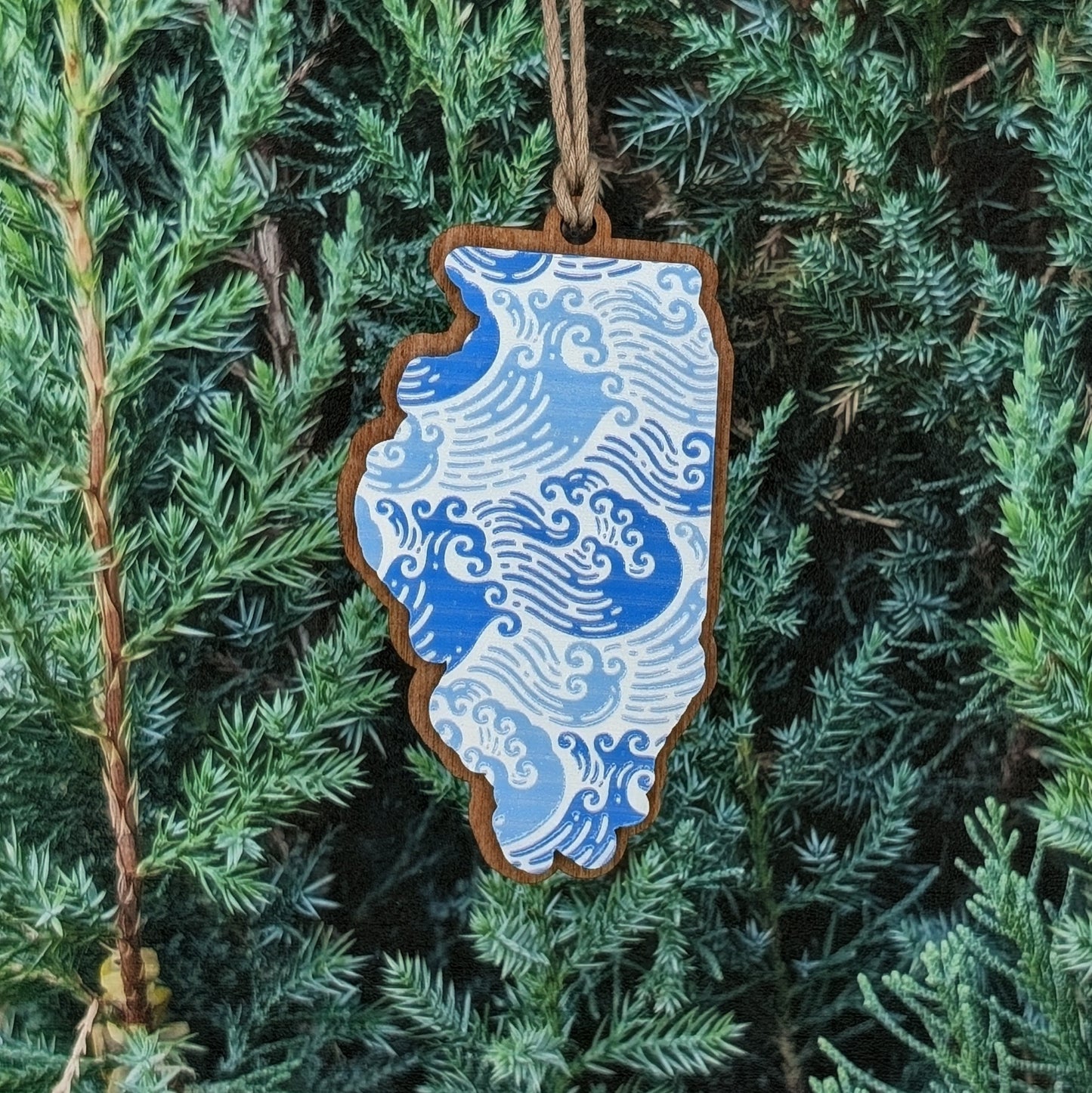 Illinois Waves Wooden Christmas Ornament
