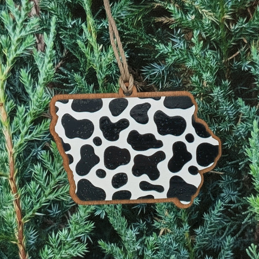 Iowa Cow Print Wooden Christmas Ornament