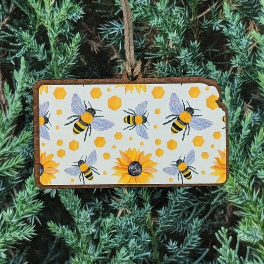 Kansas Bees & Sunflowers Wooden Christmas Ornament