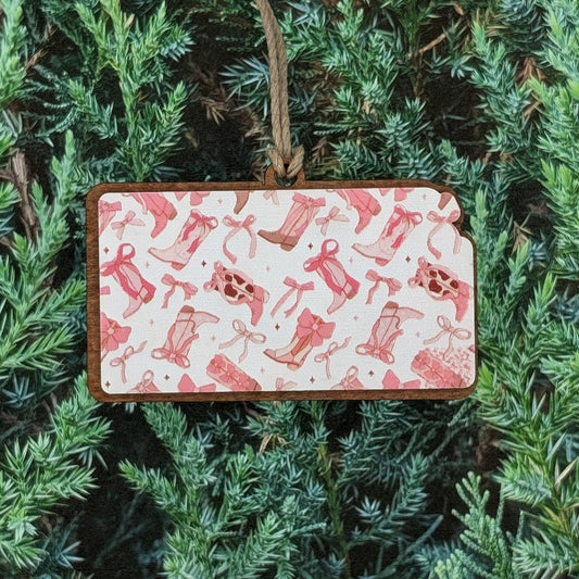 Kansas Cowgirl Boots Wooden Christmas Ornament