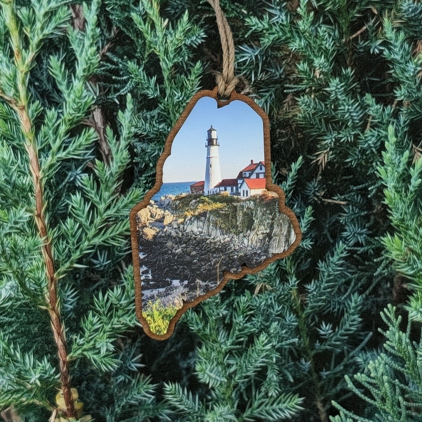 Maine Lighthouse Pattern Wooden Christmas Ornament
