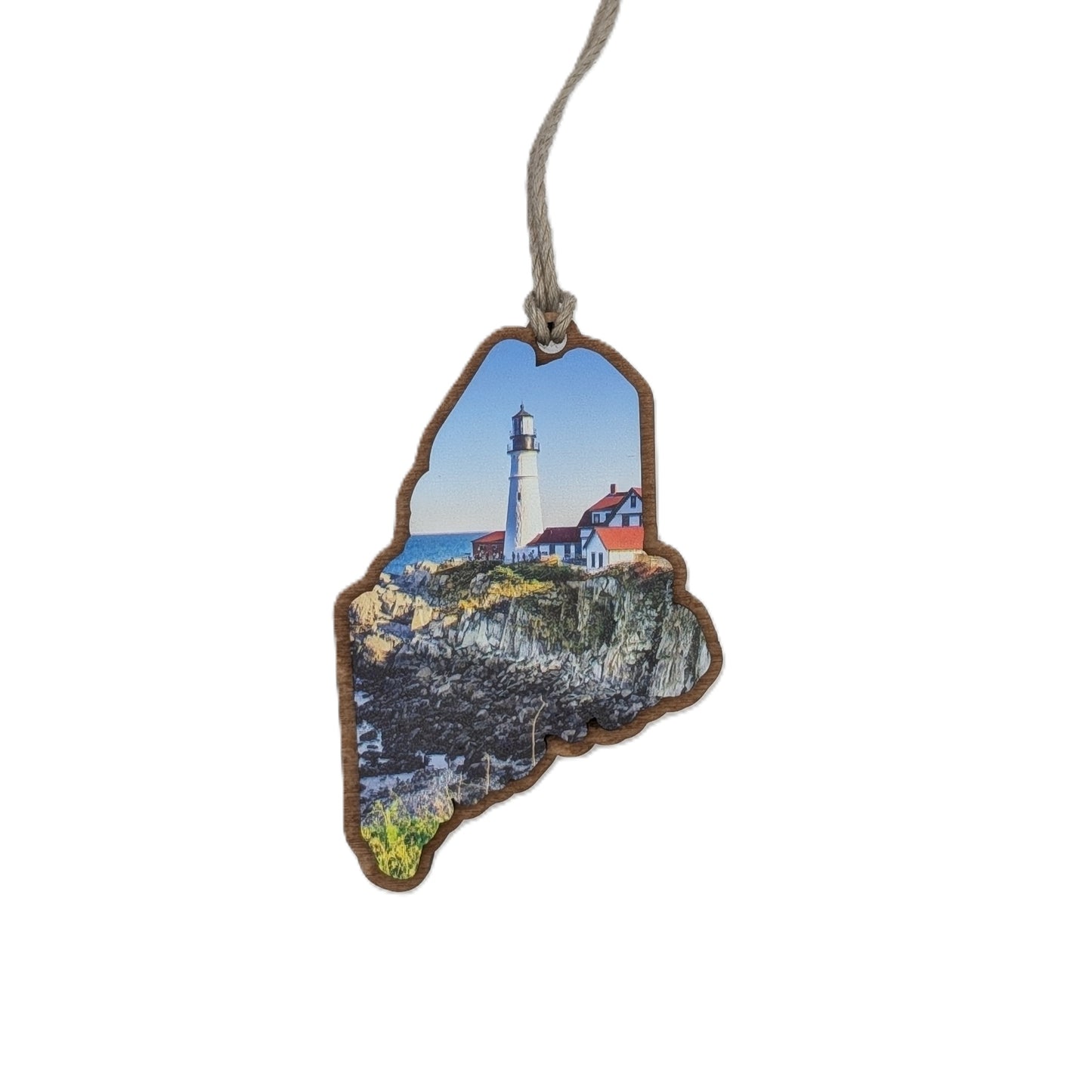 Maine Lighthouse Pattern Wooden Christmas Ornament