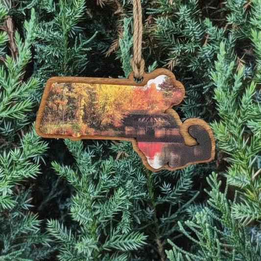 Massachusetts Autumn Bridge Wooden Christmas Ornament
