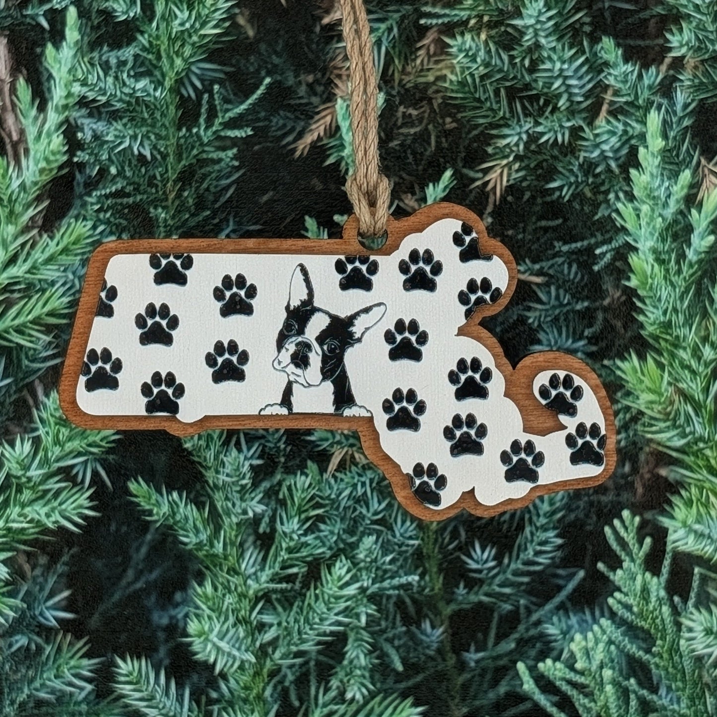 Massachusetts Boston Terrier Wooden Christmas Ornament