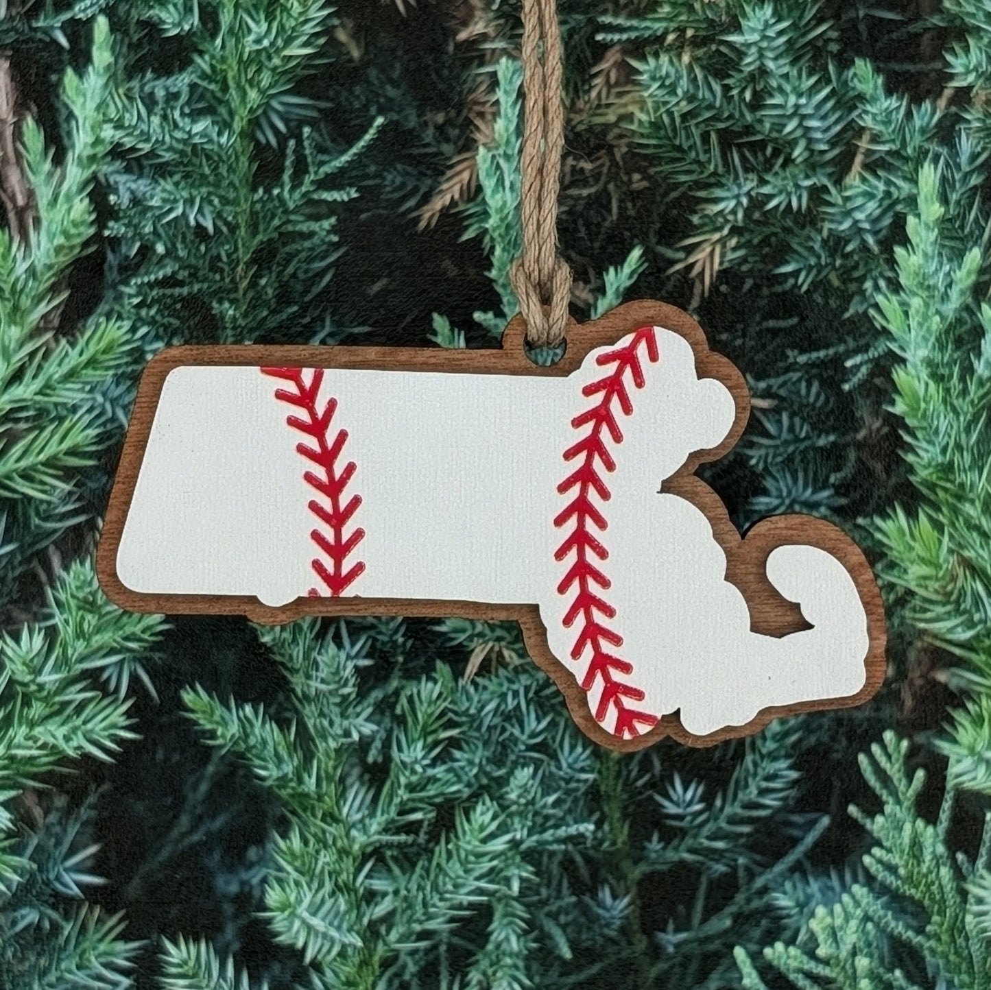 Massachusetts Baseball Wooden Christmas Ornament