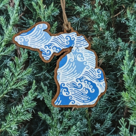 Michigan Great Lakes Waves Wooden Christmas Ornament