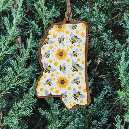 Mississippi Bees & Sunflowers Wooden Christmas Ornament