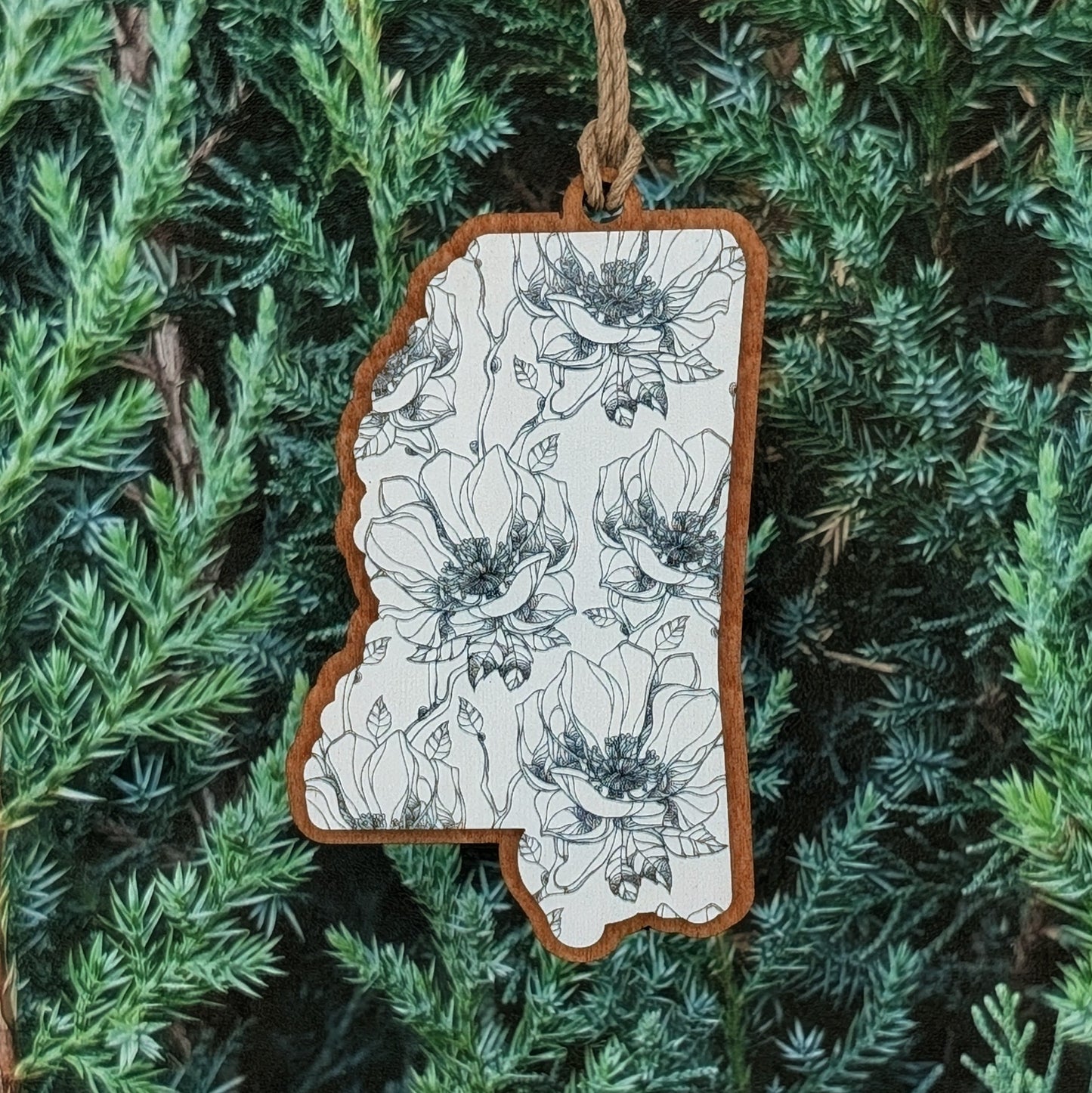 Mississippi Magnolia Line Art Wooden Christmas Ornament