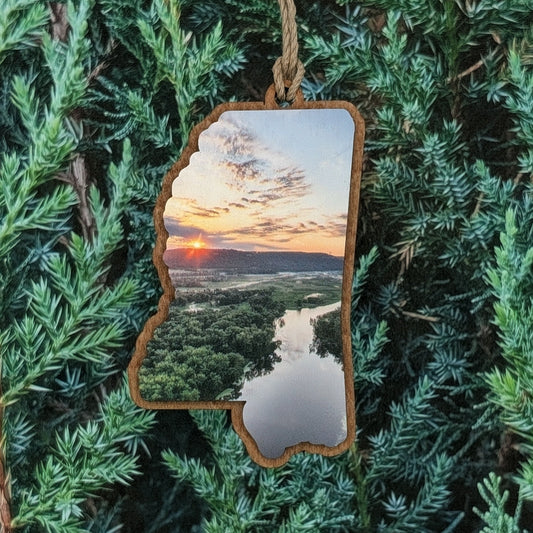 Mississippi River Sunset Wooden Christmas Ornament