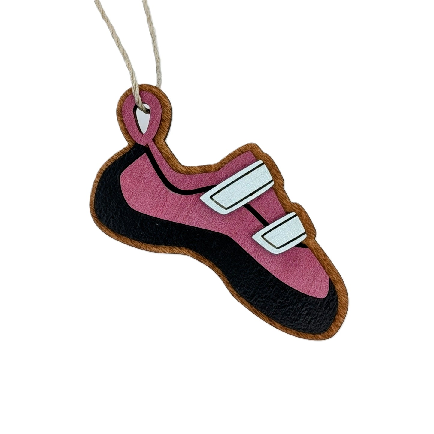 Rock Climbing Shoe Ornament. Red Wine and black climbing shoe ornament hanging on a Christmas tree.