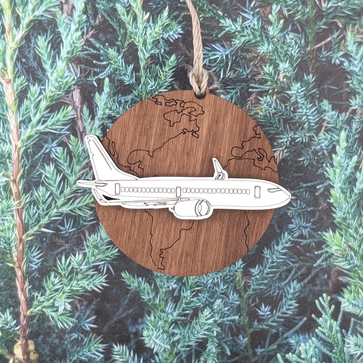 Jet Airplane over World Christmas Ornament, Travel and vacation ornaments