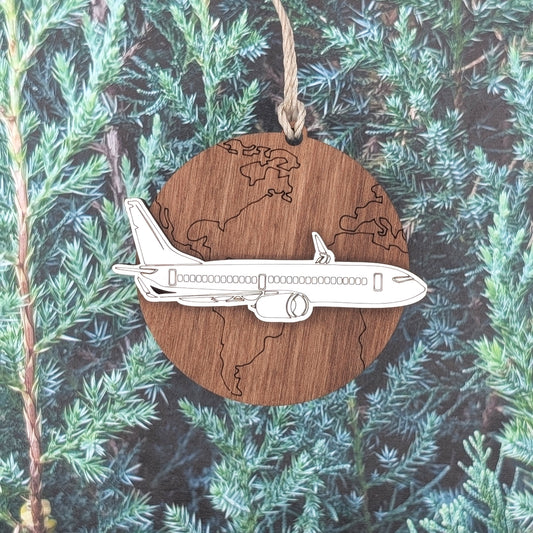 Jet Airplane over World Christmas Ornament, Travel and vacation ornaments