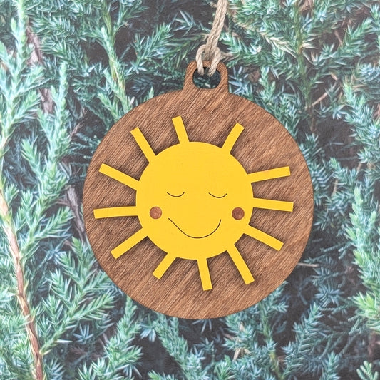 Happy Sun Wooden Christmas Ornament, Smiling Sunshine Ornaments to brighten up your Christmas tree